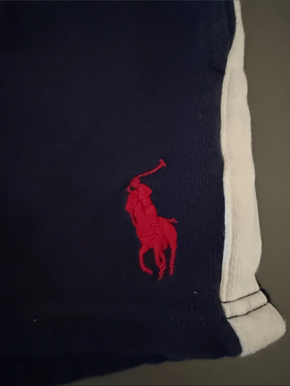 Ralph Lauren Navy Terry Shorts with Red Pony and White Side Stripes. 24M
